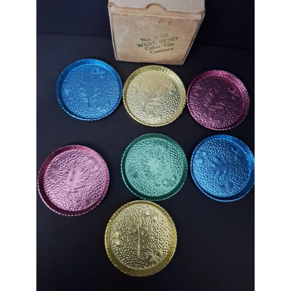 West Bend Aluminum Set of 7 Hammered Leaf and Acorn Color Glo Coasters W/Box